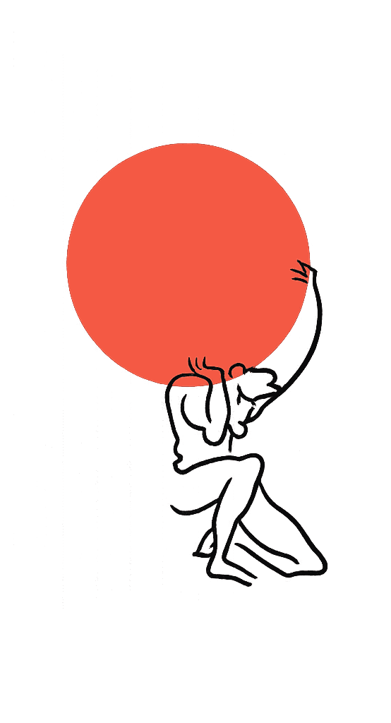 Strichzeichnung einer Person, die eine große rote Sonne über sich hält.